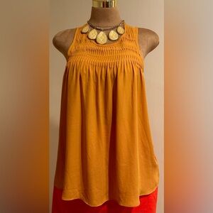 Smocked Mustard Yellow Sheer Pleated Front Blouse Key Hole In Back Sz L..